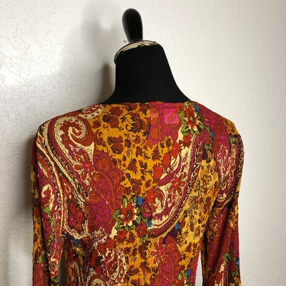 Alberto Makali red gold mixed floral print sequin crinkle top size Large - Picture 12 of 16